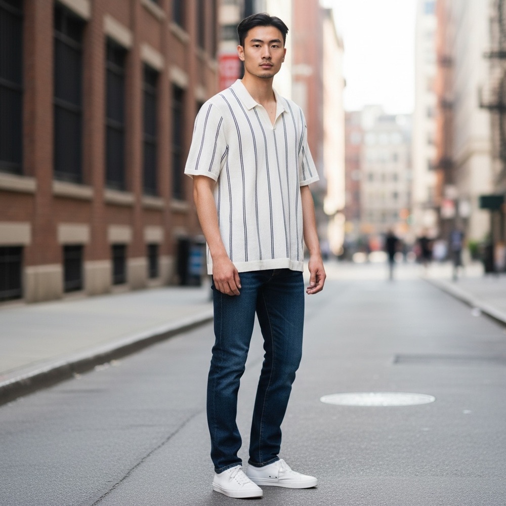Holistic Off White Knit Polo Stripe Pointelle Knit Collared Cotton Blend XL